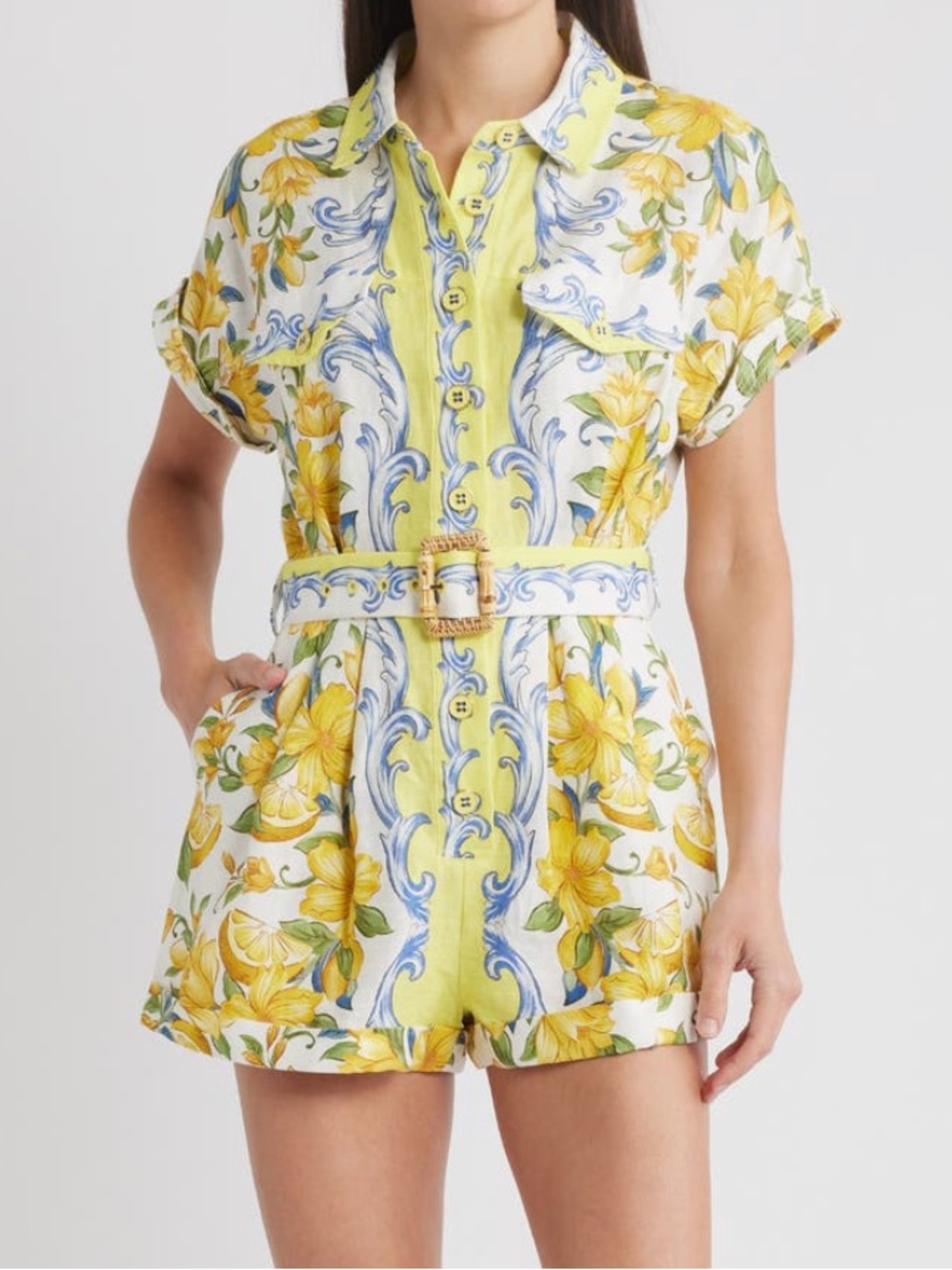 FARM Rio Sicily Scarf Linen Belted Romper Size Medium NWT